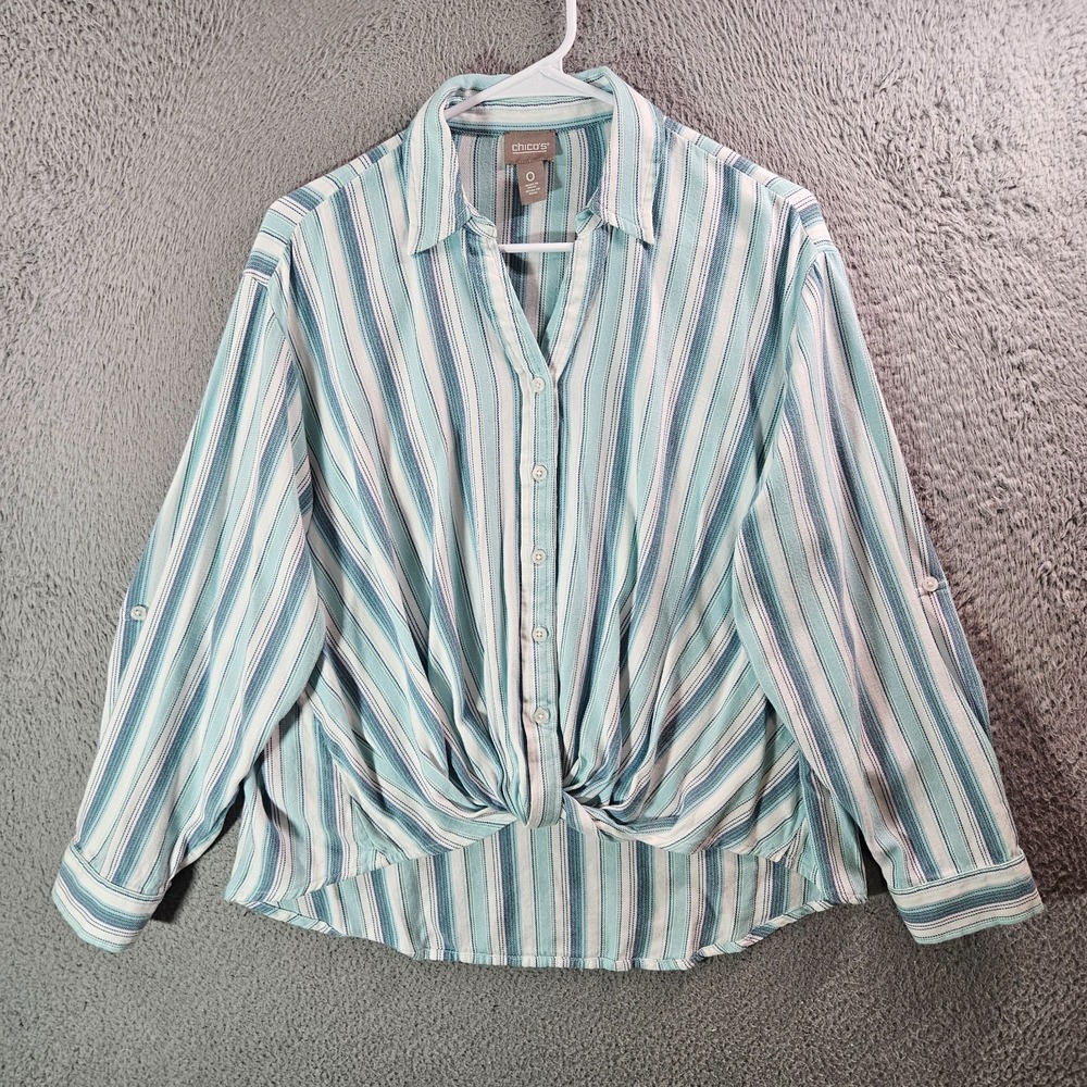 Chico's Shirt Top Women Size 0‎ Long Sleeve Button Mint Green Striped Soft